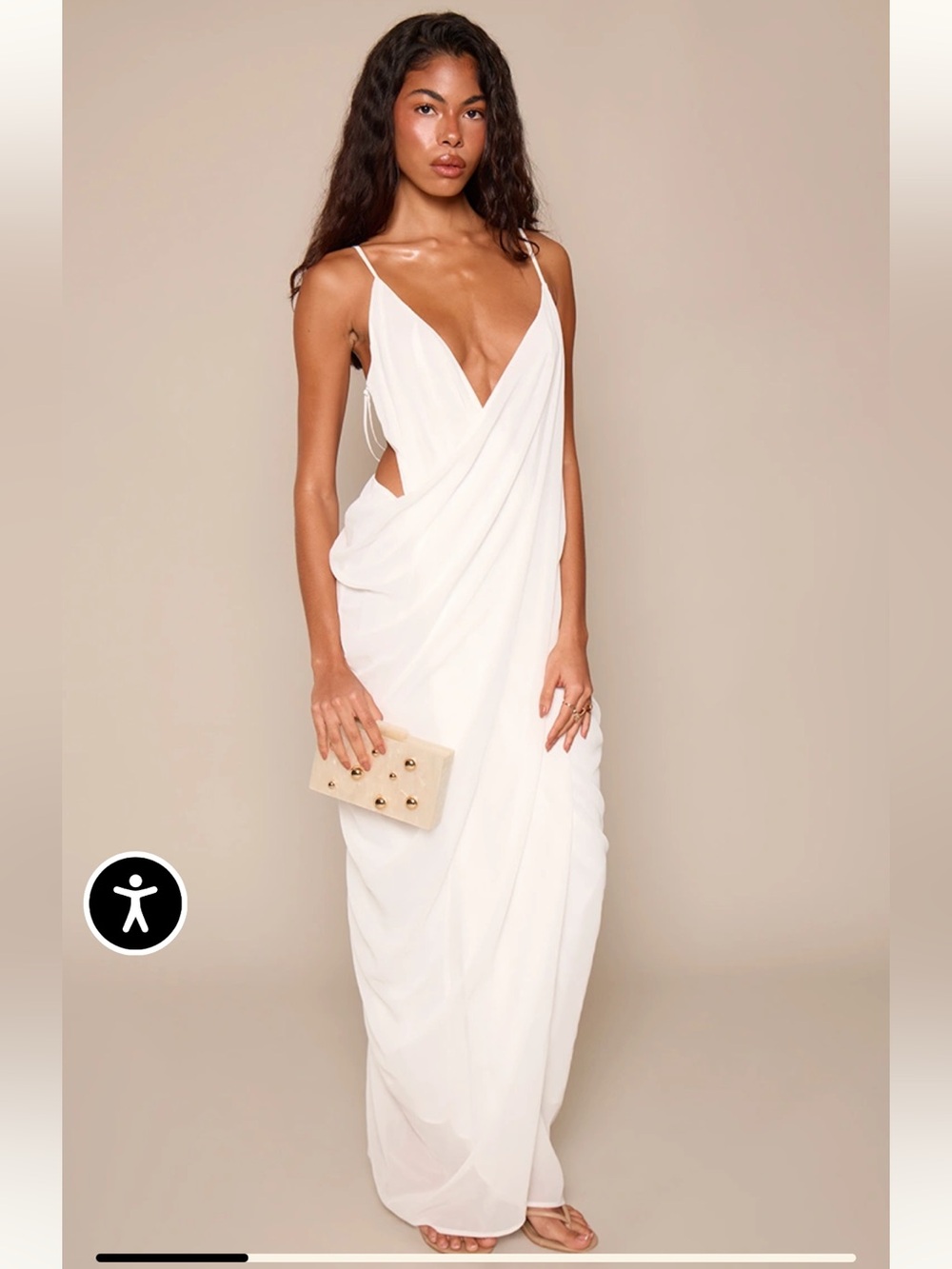 PrettyLittleThing Ivory V-Neck Draped Maxi Dress with Side Cutouts